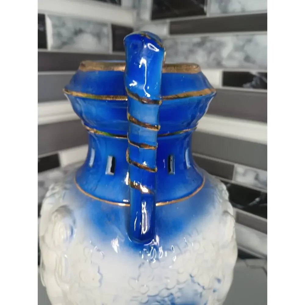 Vintage Cobalt Blue Cherub Angel Porcelain Urn Vase Gold Trim Handles Ceramic
